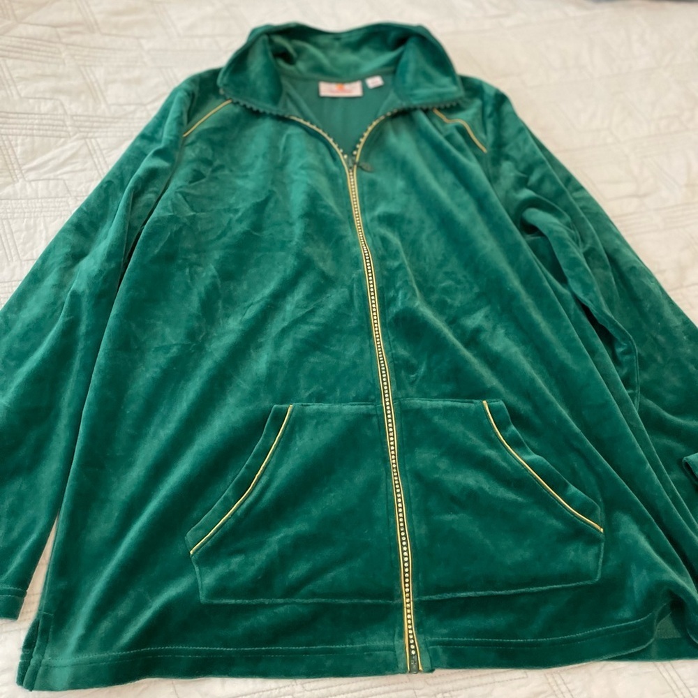 Green Velour like Zip-Up Jacket with Rhinestone Trim - Picture 2 of 5